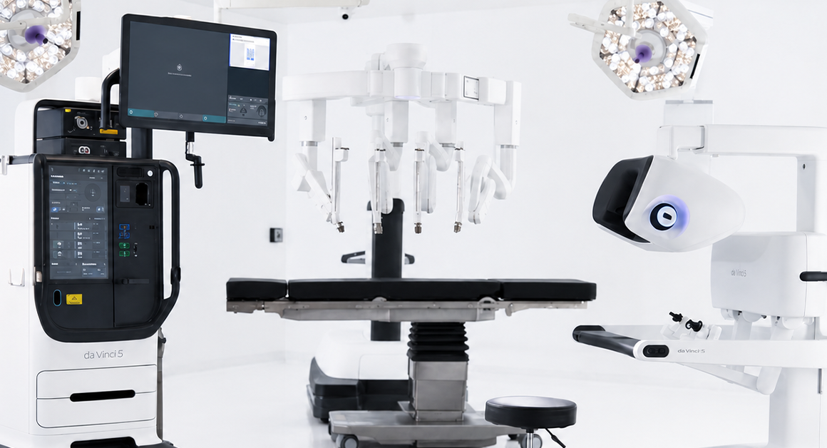 Modern surgical suite with advanced robotic equipment, featuring multiple articulated arms and computer screens, creating a sleek, high-tech atmosphere.