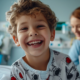 Smiling young child in a hospital gown sits in a pediatric care room with a healthcare professional in the background.