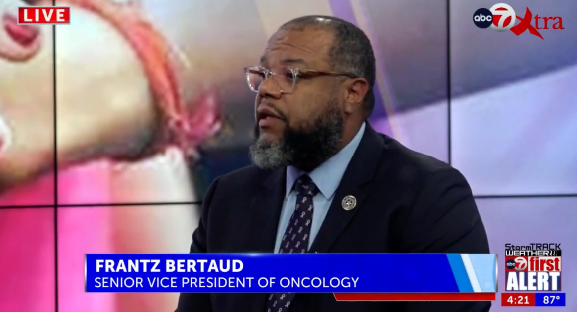 Frantz Bertaud, Senior Vice President of Oncology, discusses breast cancer during a live ABC-7 Xtra television segment.