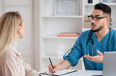 Doctor talking to patient about health literacy.