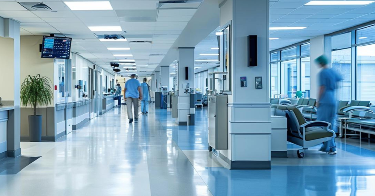 Hospital hallway with medical staff and equipment, representing a Level I trauma center environment
