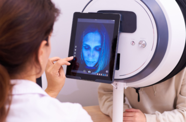 A dermatologist checking the skin of a person through a Skin Analysis Machine.