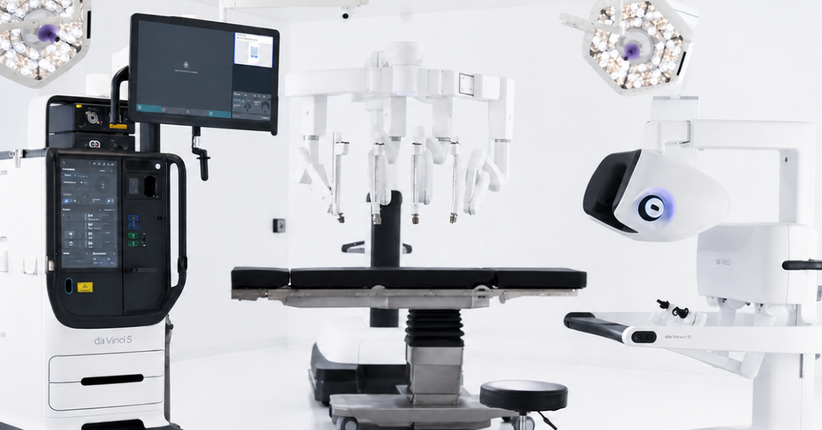 Modern surgical suite with advanced robotic equipment, featuring multiple articulated arms and computer screens, creating a sleek, high-tech atmosphere.