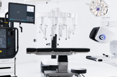 Modern surgical suite with advanced robotic equipment, featuring multiple articulated arms and computer screens, creating a sleek, high-tech atmosphere.