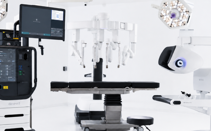 Modern surgical suite with advanced robotic equipment, featuring multiple articulated arms and computer screens, creating a sleek, high-tech atmosphere.