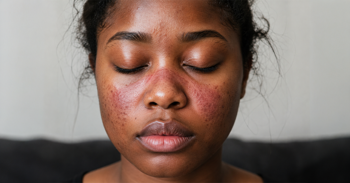 A close-up of a person with closed eyes, showing a red, butterfly-shaped rash across the nose and cheeks, signs of Lupus.
