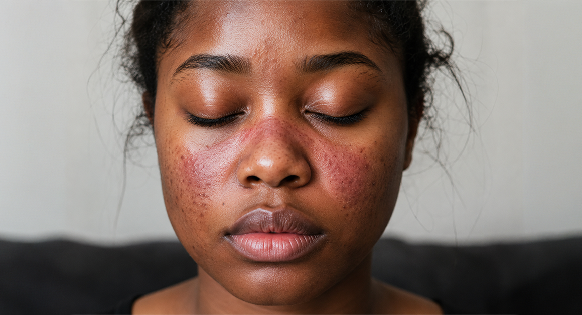 A close-up of a person with closed eyes, showing a red, butterfly-shaped rash across the nose and cheeks, signs of Lupus.
