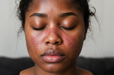 A close-up of a person with closed eyes, showing a red, butterfly-shaped rash across the nose and cheeks, signs of Lupus.