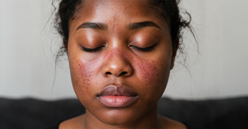 A close-up of a person with closed eyes, showing a red, butterfly-shaped rash across the nose and cheeks, signs of Lupus.