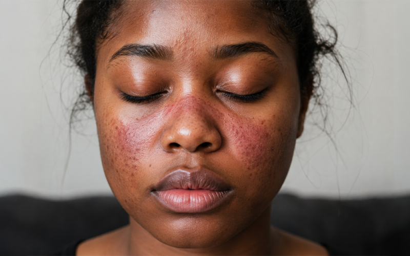 A close-up of a person with closed eyes, showing a red, butterfly-shaped rash across the nose and cheeks, signs of Lupus.