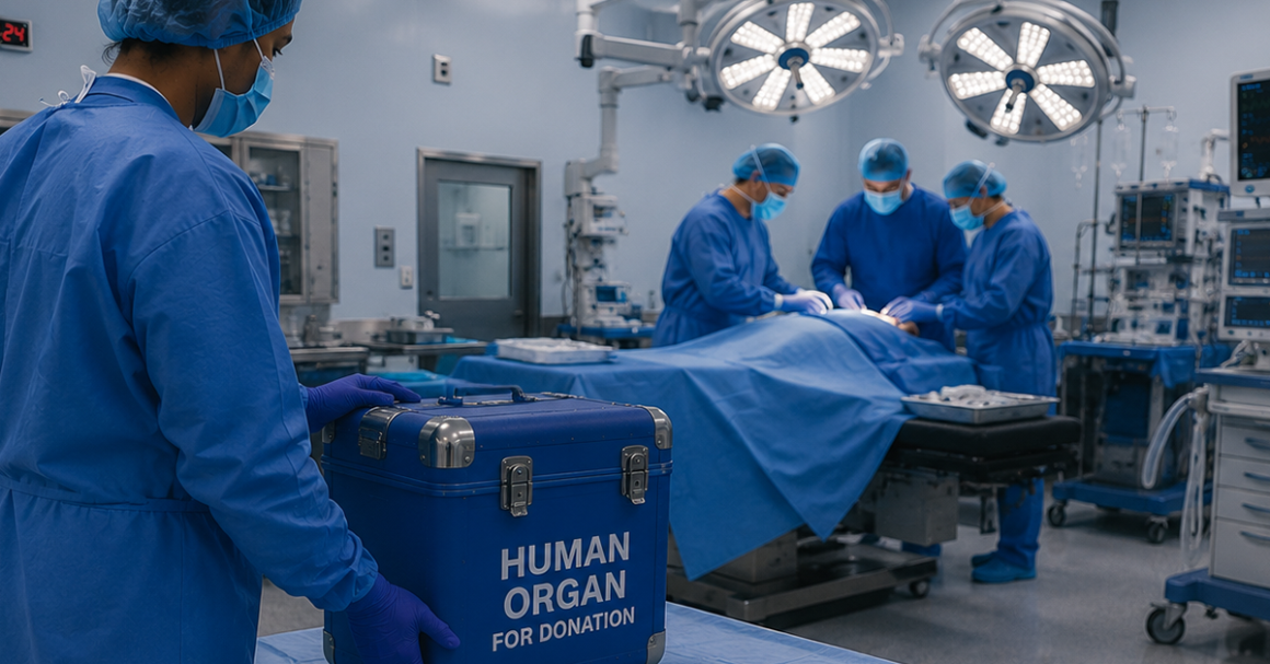 Operating room with a surgical team performing an organ transplant as a staff member brings a cooler labeled "Human Organ for Donation."