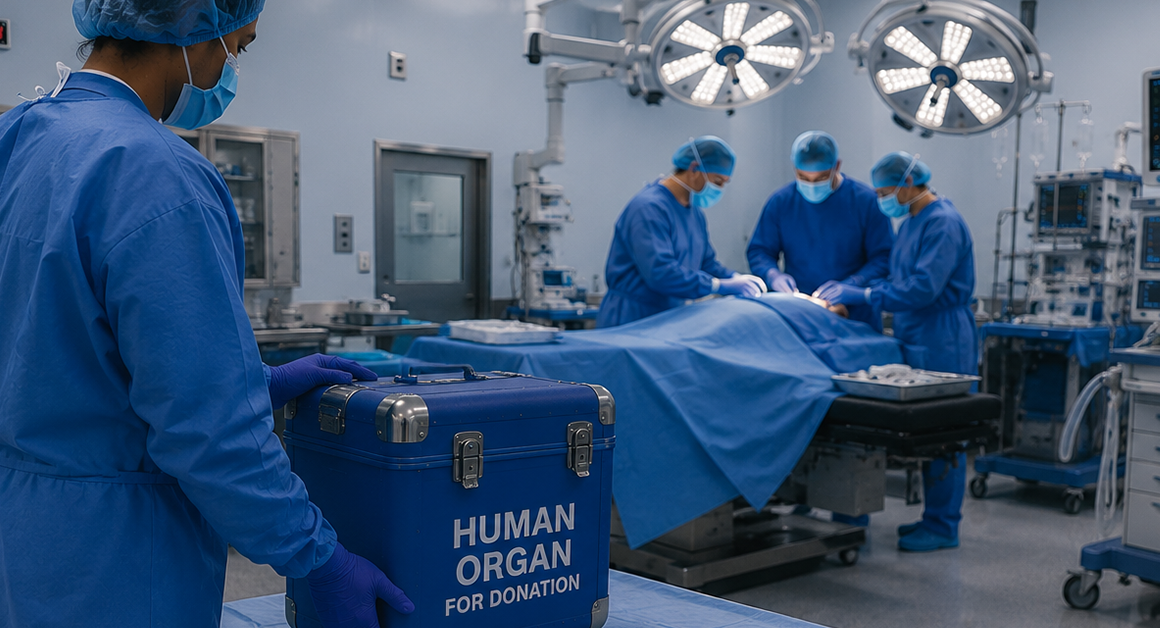 Operating room with a surgical team performing an organ transplant as a staff member brings a cooler labeled "Human Organ for Donation."