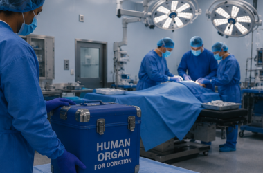 Operating room with a surgical team performing an organ transplant as a staff member brings a cooler labeled "Human Organ for Donation."