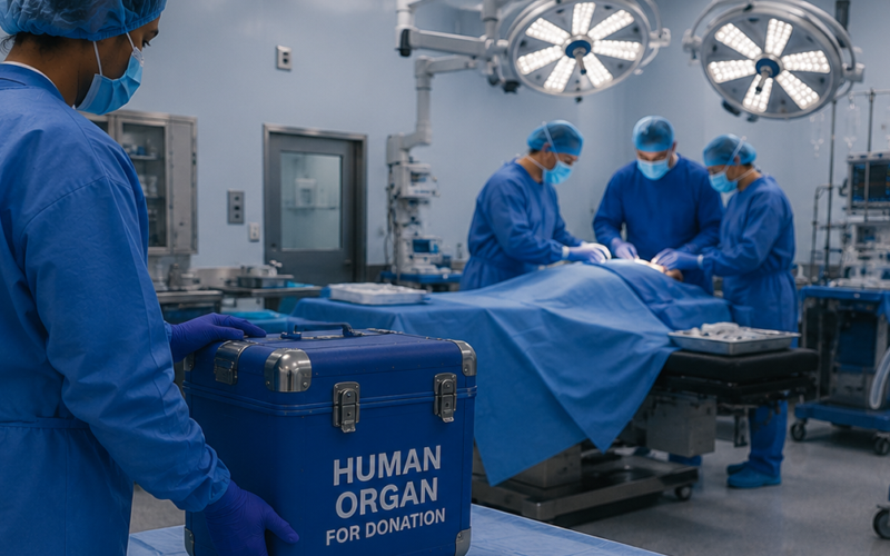 Operating room with a surgical team performing an organ transplant as a staff member brings a cooler labeled "Human Organ for Donation."