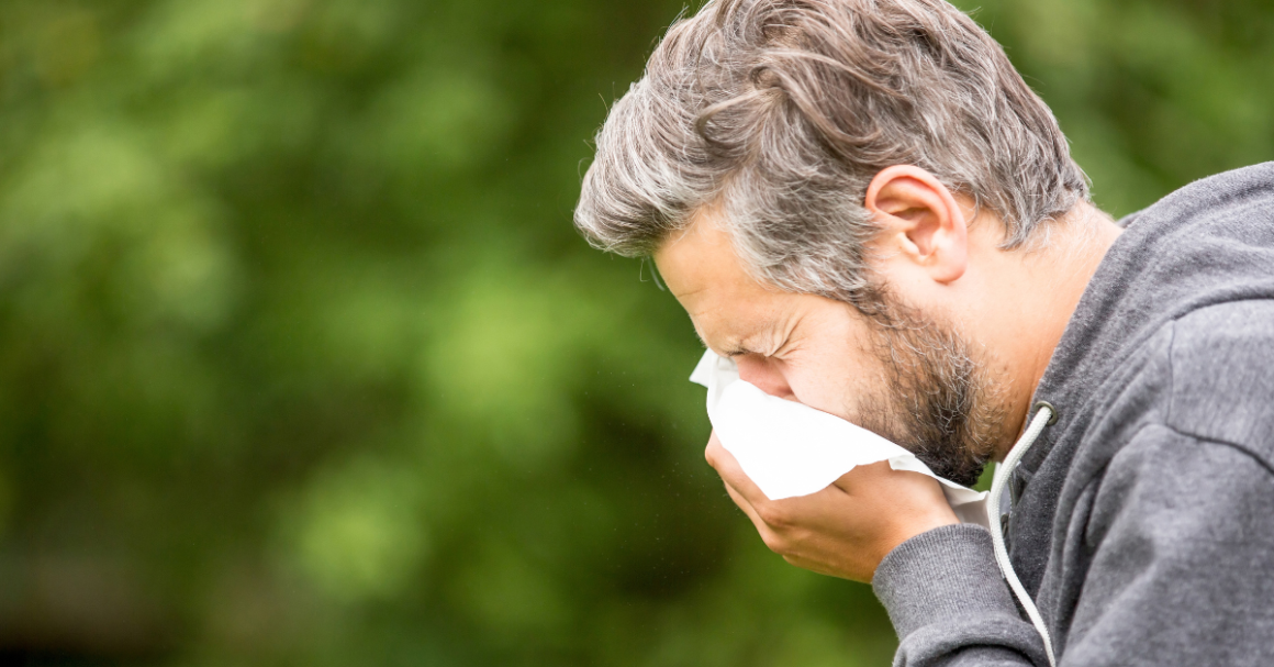 A man with gray hair is sneezing into a tissue outdoors. He is wearing a gray hoodie against a blurred green background, depicting allergy symptoms.