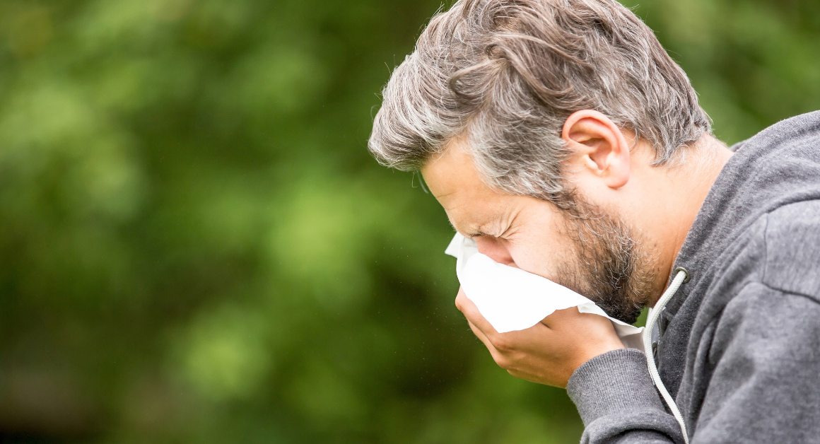 A man with gray hair is sneezing into a tissue outdoors. He is wearing a gray hoodie against a blurred green background, depicting allergy symptoms.